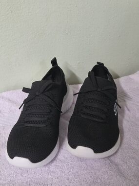 Skechers Black Knit Slip-On Athletic Sneakers with White Soles